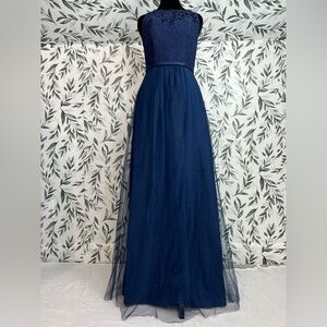 Elegant Dark Navy Lace Evening Maxi Gown A-Line Lace Tulle Prom Dress Sz XS 2 #6